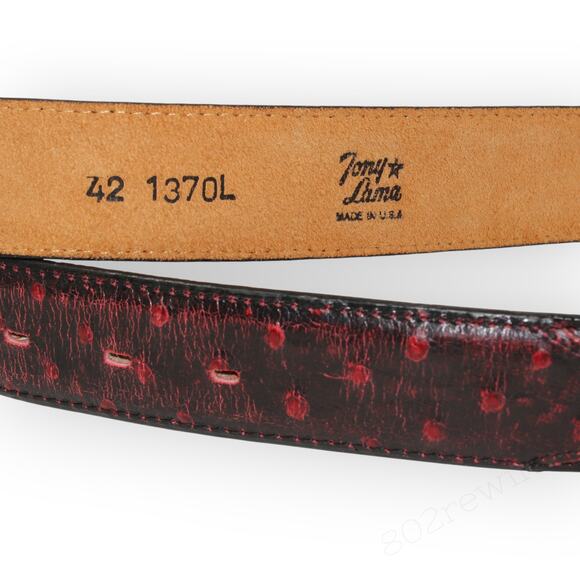 42 Tony Lama Western Belt 1370L BlackCherry Red Ostrich Leather MadeInUSA - Picture 1 of 16